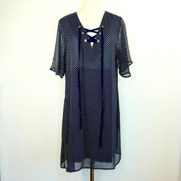 💜 3/$30 6/$50 1 11 Tylho Navy White Polka Dot Large Dress - Flawed Print - Picture 1 of 14